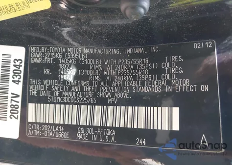 2012 Toyota Sienna Limited V6 7 Passenger z USA, uszkodzony, nr VIN 5TDYK3DC0CS225765